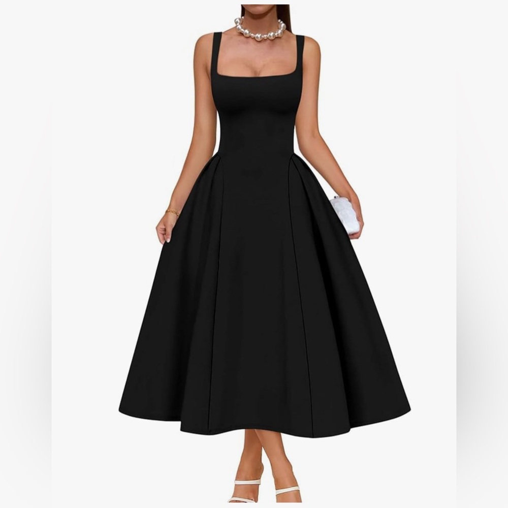 NWOT - Amazon Memorisea Black Square Neck A Line Midi Dress Black - Small - Picture 1 of 9